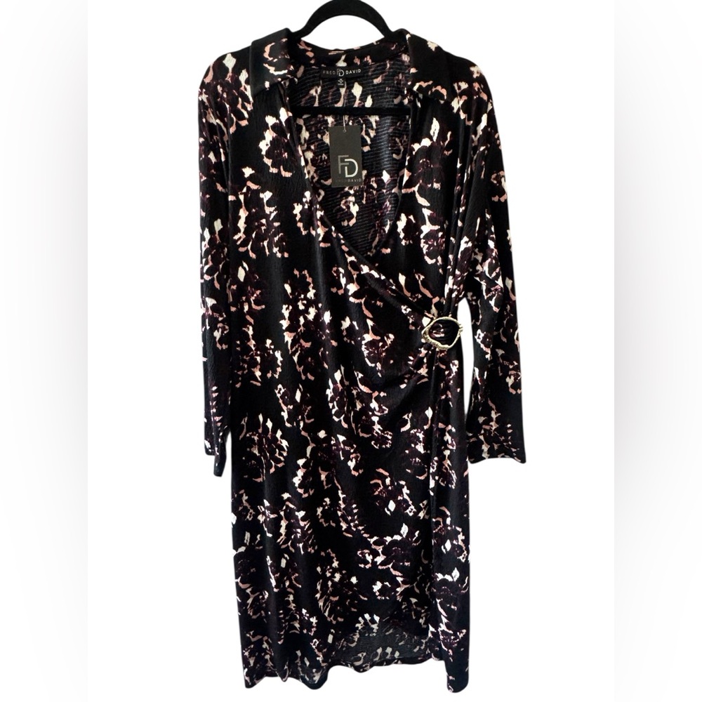 NWT Fred David Plus Wrap Black and Cream Long Sleeve Plus Dress size 1X